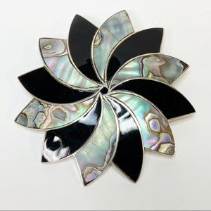 Vintage Abalone Onyx Silver Pinwheel Pin Pendant